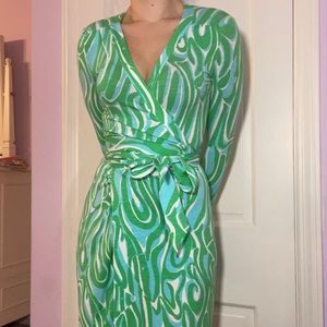 SOLD  Pulitzer Charlena Swirl Wrap Dress Green and Blue 3/4 length sleeve dress